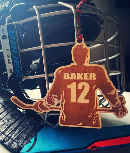 Hockey player ornament, custom name and jersey number, player or goalie