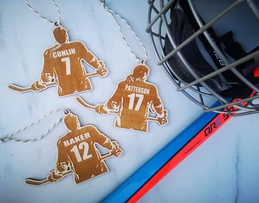 Hockey player ornament, custom name and jersey number, player or goalie