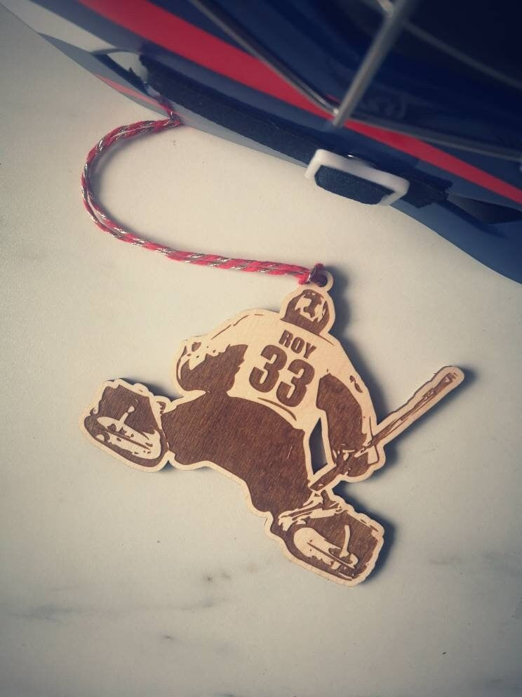 Hockey player ornament, custom name and jersey number, player or goalie