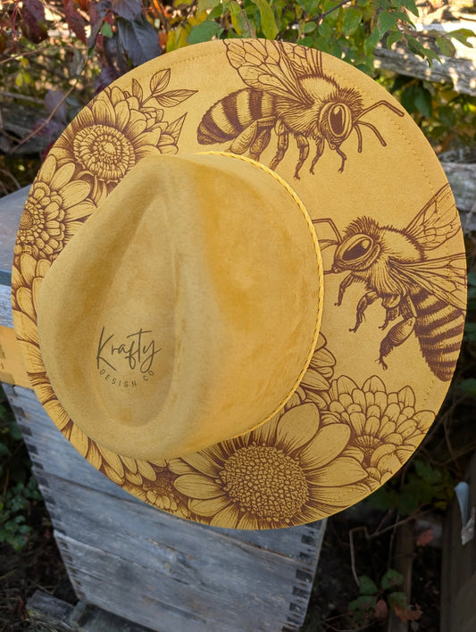Honey bee & Floral design, Vegan Suede Rancher in Mustard Yellow