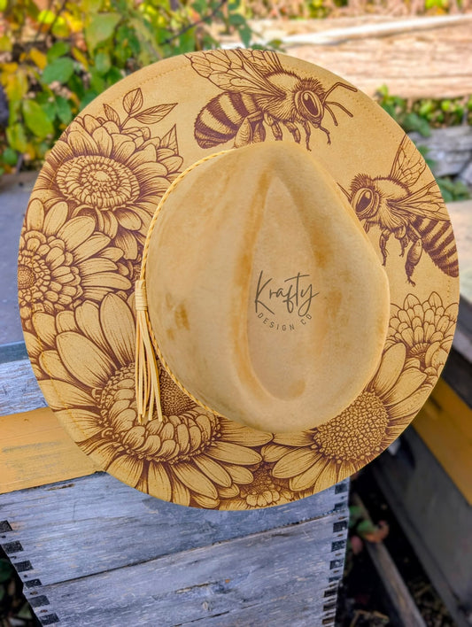Honey bee & Floral design, Vegan Suede Rancher in Mustard Yellow