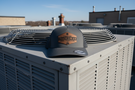 Tradesman cap on an air conditioning unit with buildings in the background