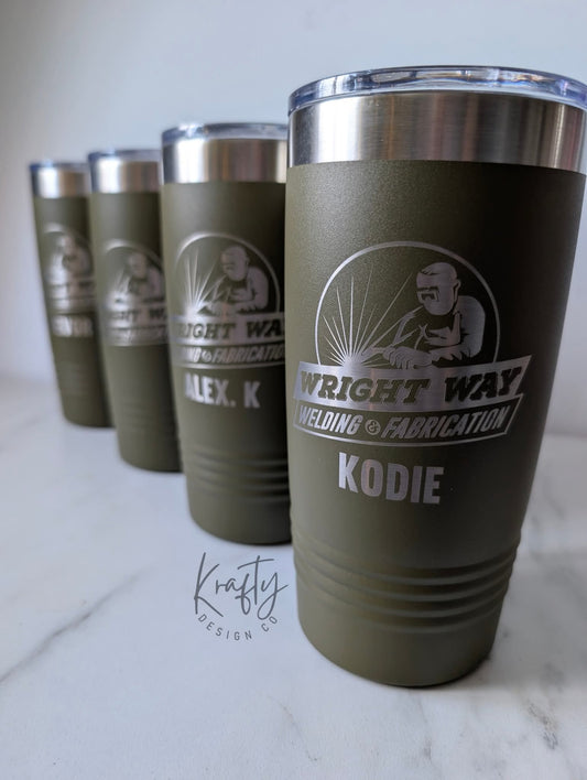 Set of green tumblers with 'Wright Way Welding & Fabrication' branding on a marble surface.
