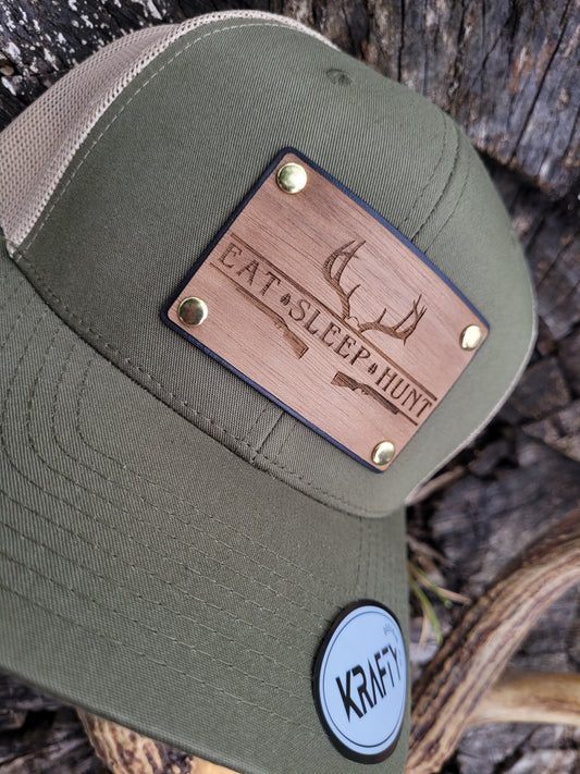 Eat Sleep Hunt premium walnut and leather patch trucker hat