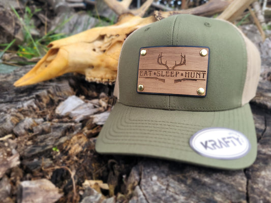 Eat Sleep Hunt premium walnut and leather patch trucker hat