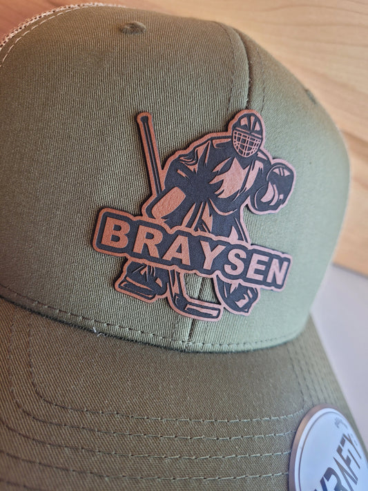 Custom Goalie Hat – Personalized Hockey Goalie Trucker Hat with Name | Leather Patch Snapback | Gift for Hockey Player