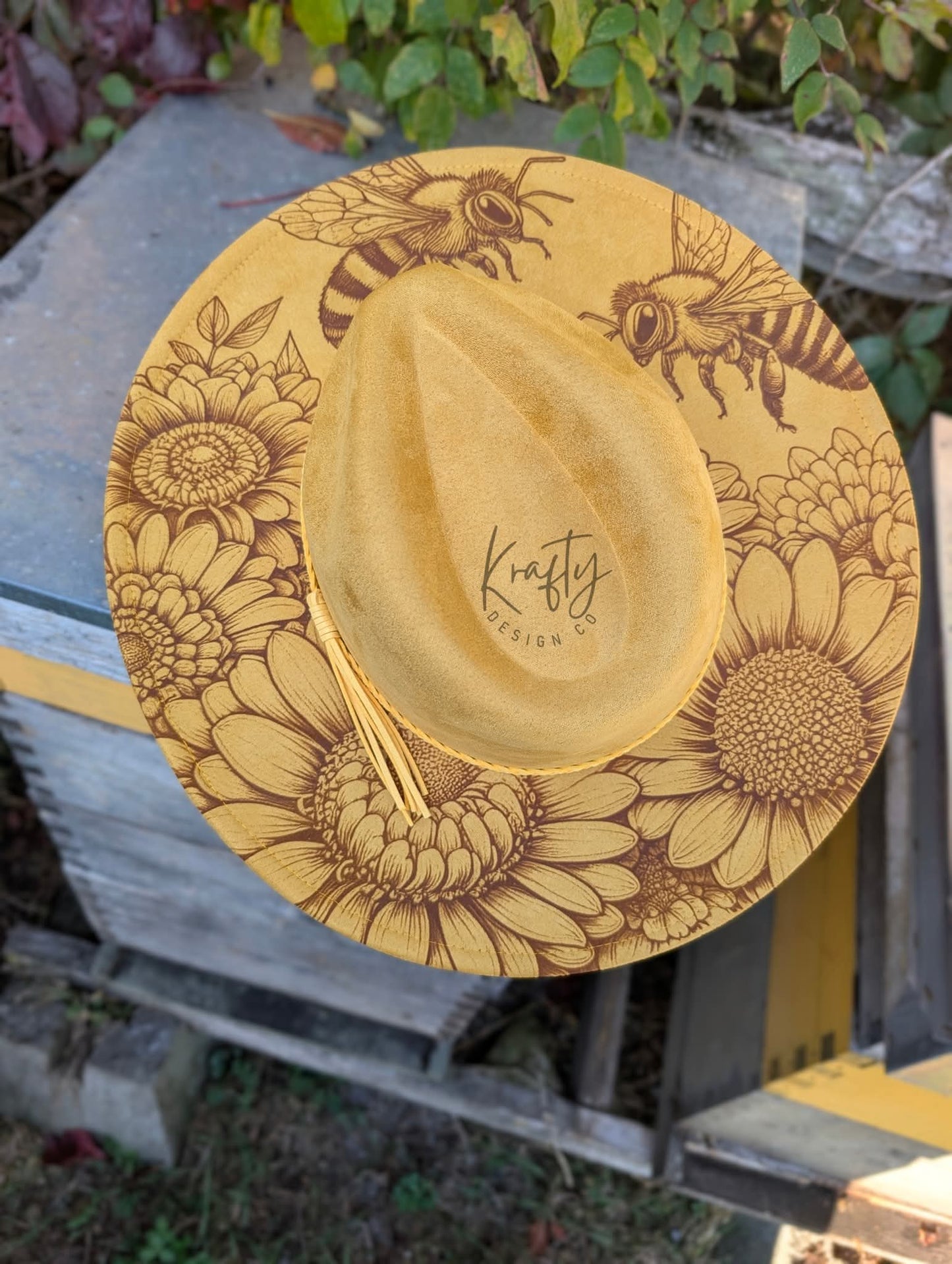 Honey bee & Floral design, Vegan Suede Rancher in Mustard Yellow