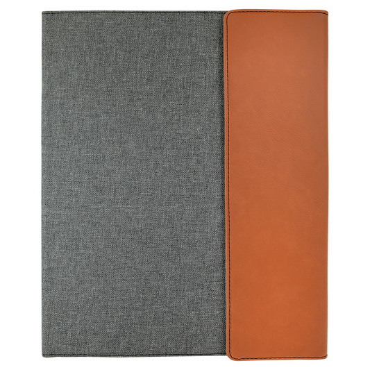 9 1/2" x 12" Rawhide Laserable Leatherette / Gray Canvas Portfolio with Notepad - Engraving Included