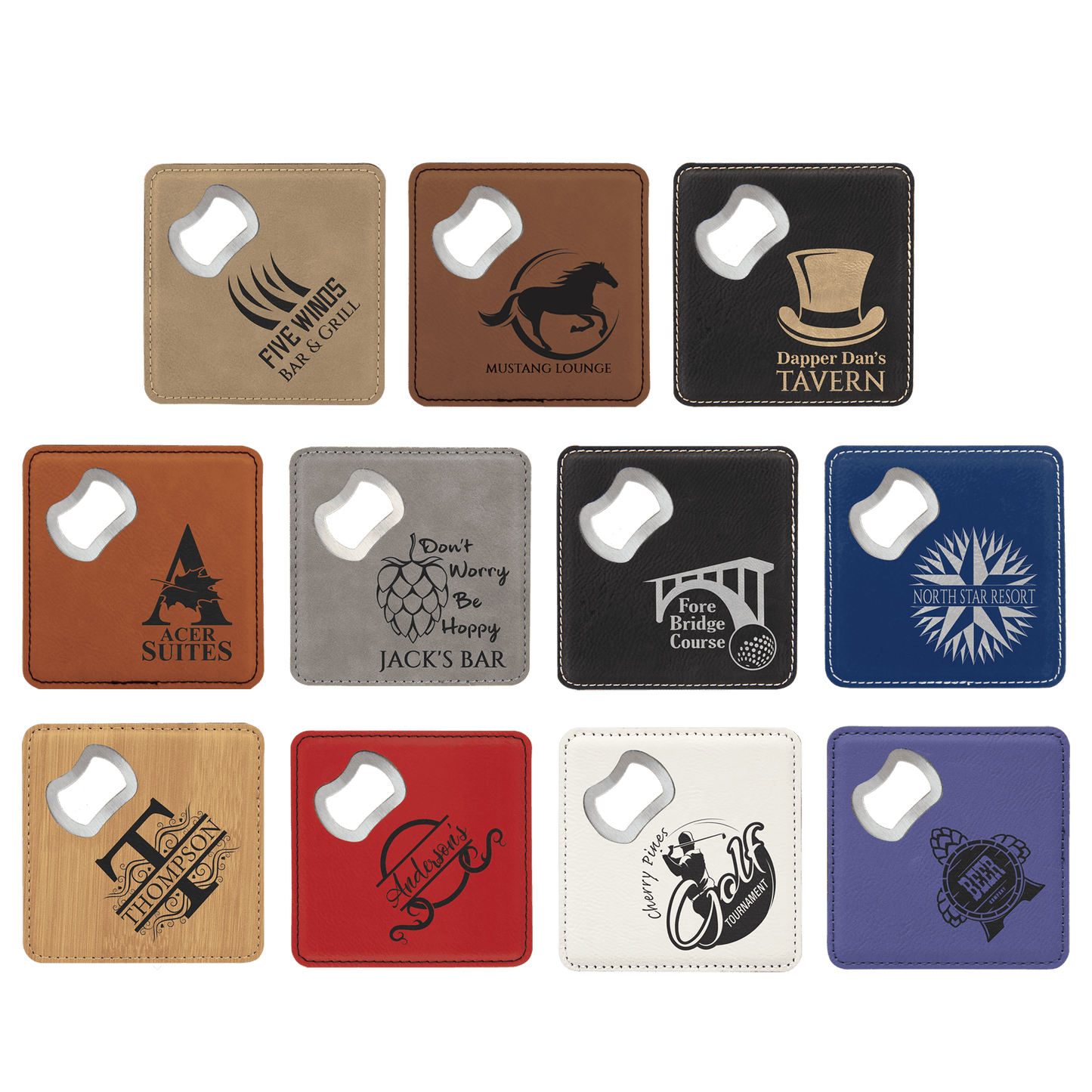 4" x 4" Square Laserable Leatherette Bottle Opener Coaster - Set of 4
