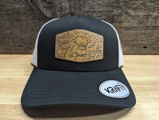 Highland Cow, tooled leather look, patch trucker hat