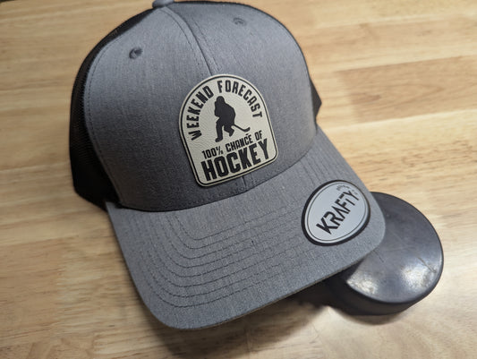 Hockey hat, Weekend Forecast 100% chance of Hockey, patch trucker hat