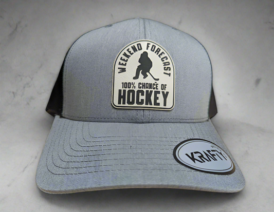 Hockey hat, Weekend Forecast 100% chance of Hockey, patch trucker hat