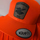 Blaze orange trucker hat featuring moose hunting patch