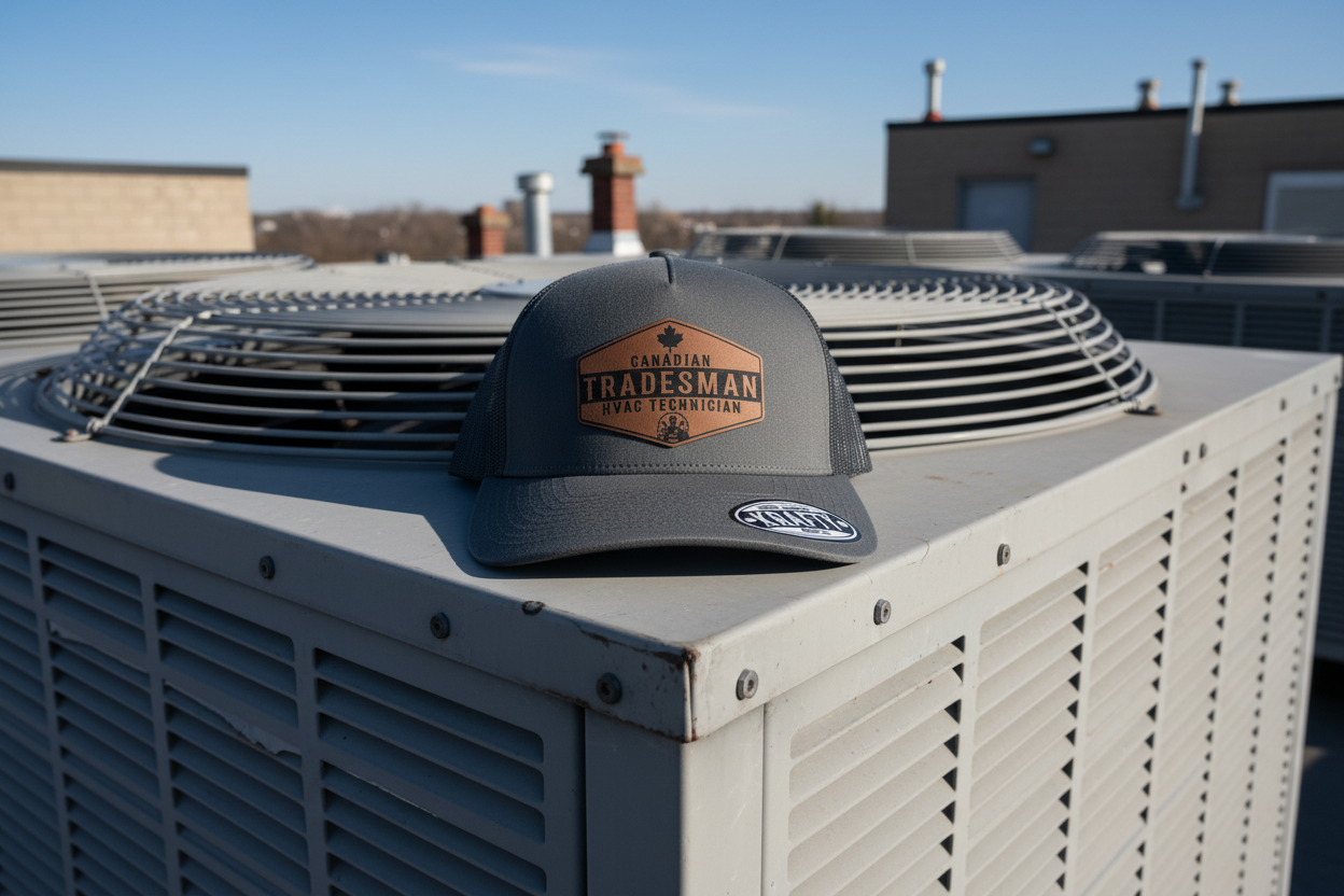 Tradesman cap on an air conditioning unit with buildings in the background