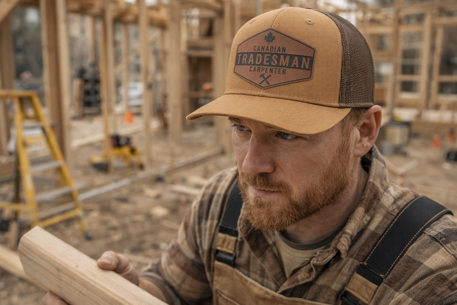 Man wearing a 'Canadian Tradesman' cap and overalls holding a piece of wood on a construction site.