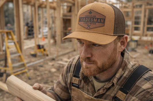 Man wearing a 'Canadian Tradesman' cap and overalls holding a piece of wood on a construction site.