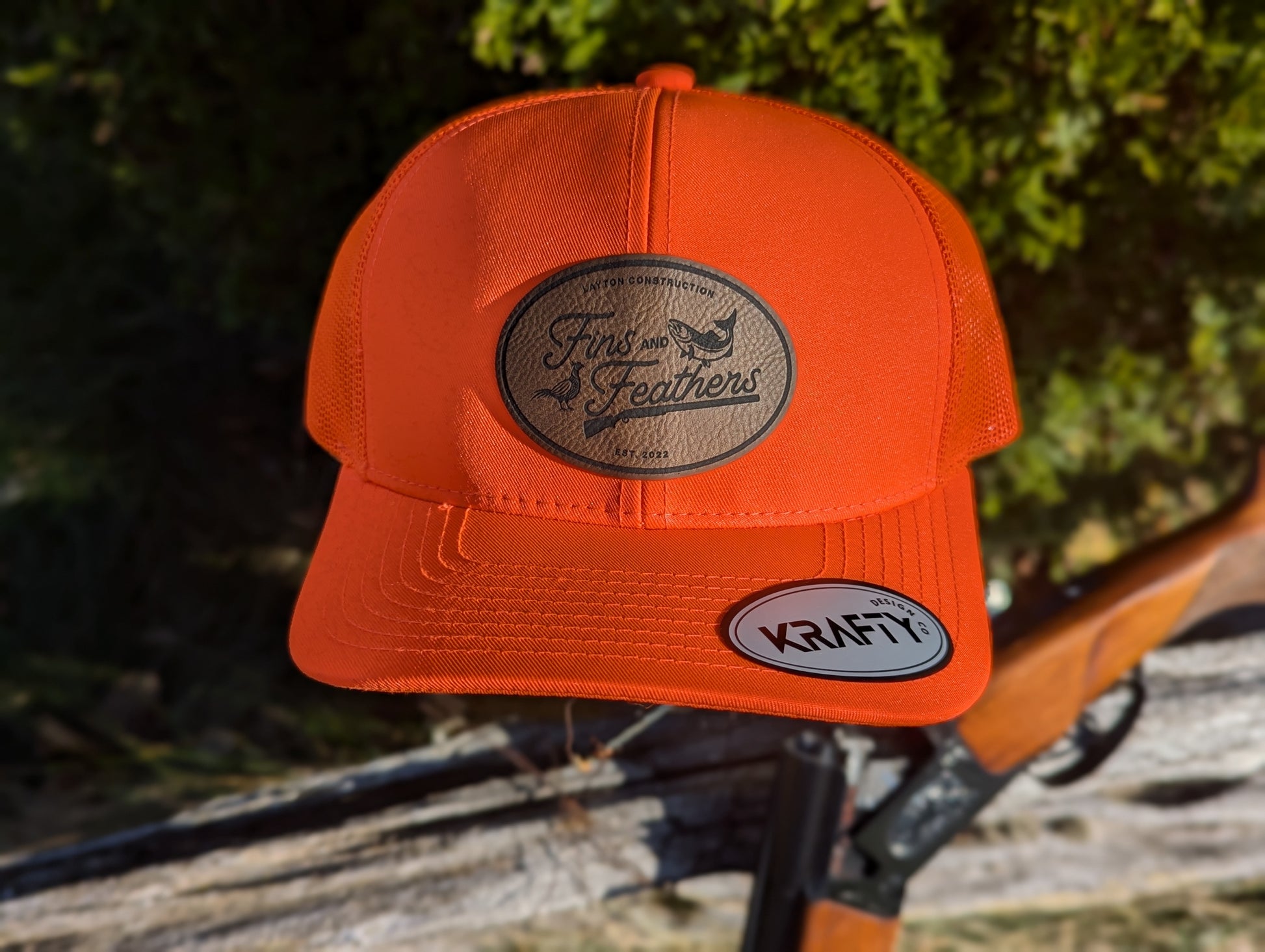 Custom blaze orange leather patch style hunting hat, partridge hunting and fishing hat