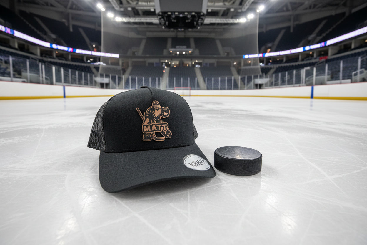 a black trucker hat featuring a rawhide patch featuring a hockey goalie and custom name MATT across the design