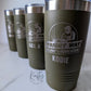 Set of green tumblers with 'Wright Way Welding & Fabrication' branding on a marble surface.