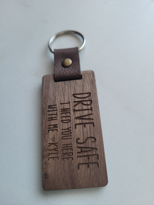 Leather and wood keychain